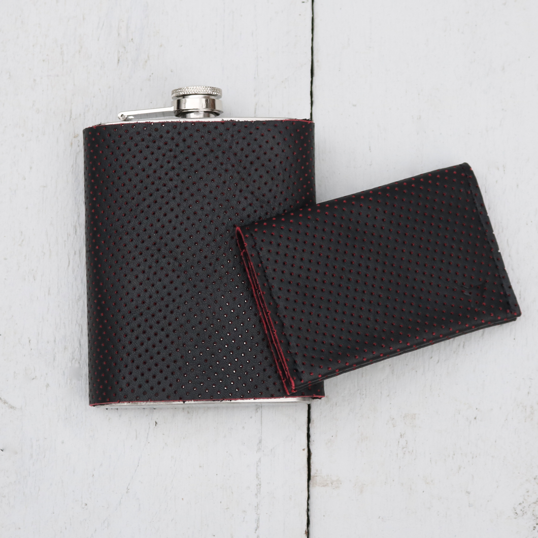 Gift set: Black perforated leather flask and wallet