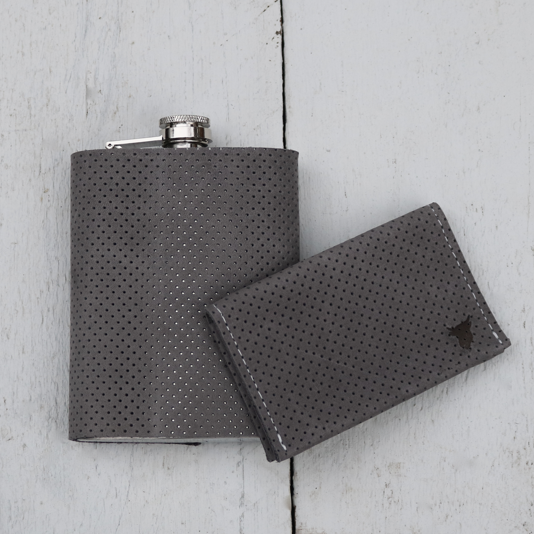Gift set: Grey perforated leather flask and wallet