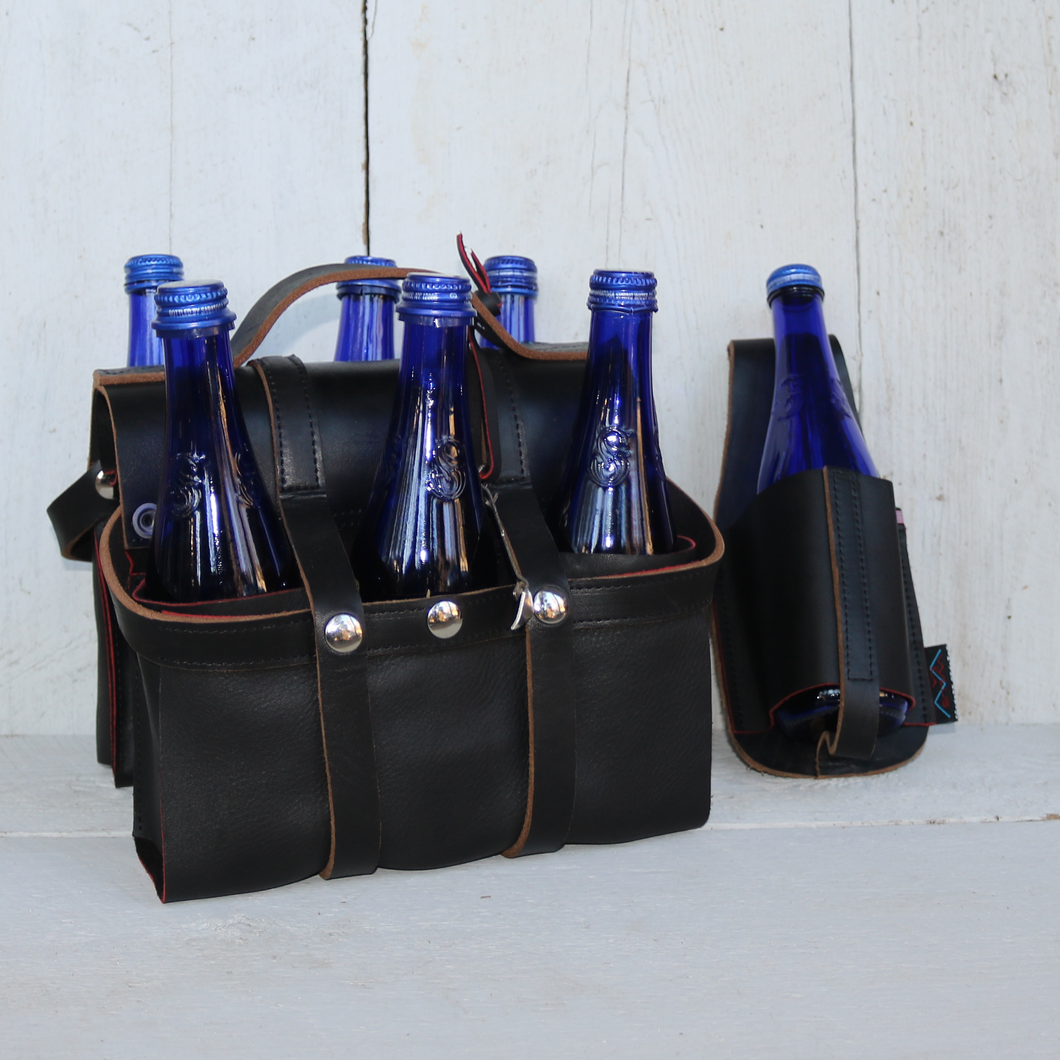 Gift set: Black leather beverage carrier and holster