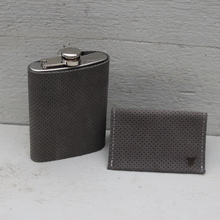 Load image into Gallery viewer, Gift set: Grey perforated leather flask and wallet
